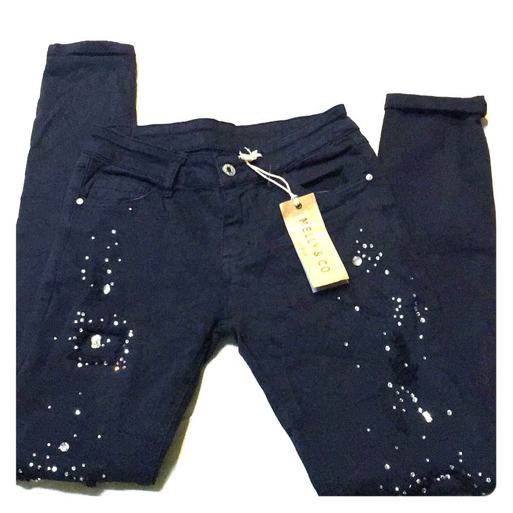 Dark indigo blue jean with rhinestone. Size Small